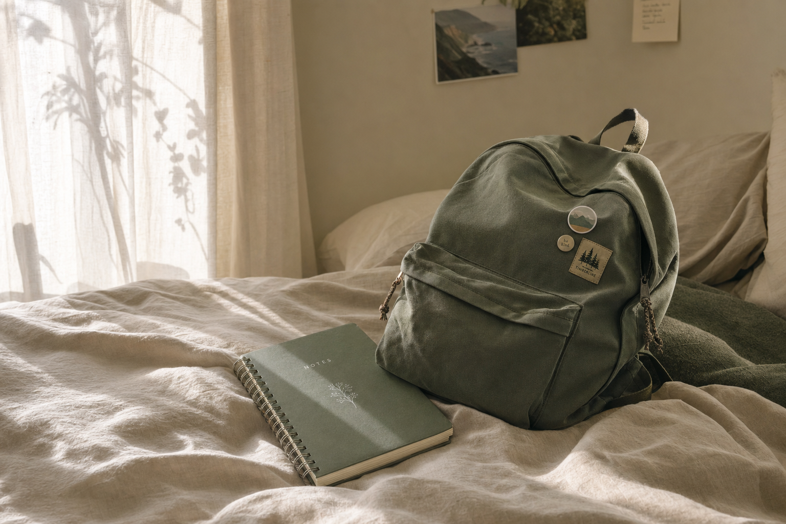 A teenager's backpack and notebook on a bed in soft afternoon light.